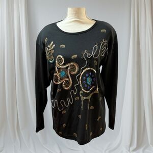Womens Vintage Sweater  Black Blue Sequins  Beaded geometric